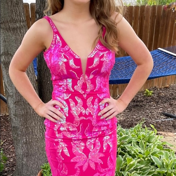 Hard to find! Jovani 3263 Prom dress. HOT PINK/IRIDESCENT, size 00 - Picture 5 of 7